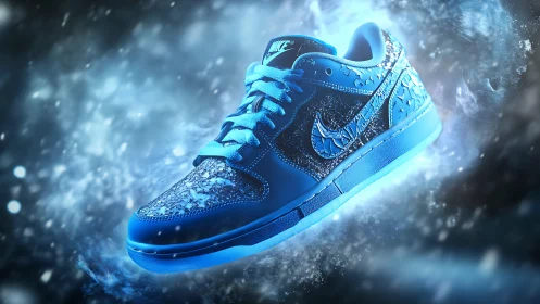 Icy blue sneaker render with glowing frost textures suspended.