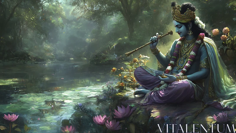 Blue-skinned deity playing flute by reflective forest pond.