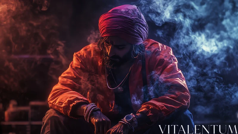 Smoke-swirled thinker glows between ember red and neon blue