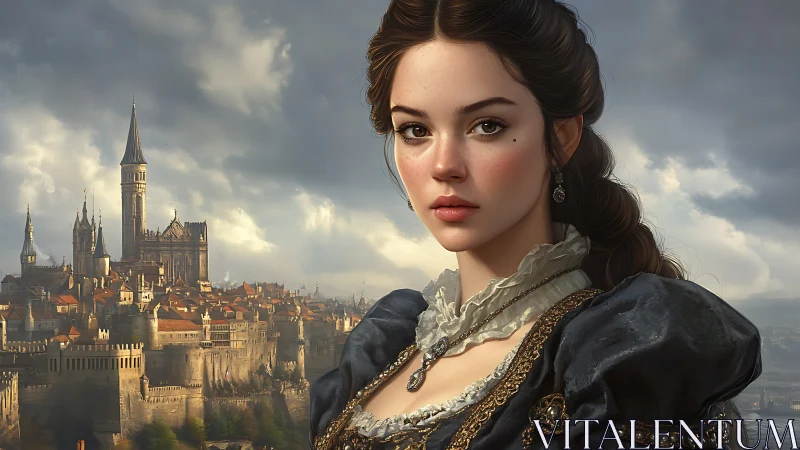 Portrait of a young noblewoman before fortified hill city