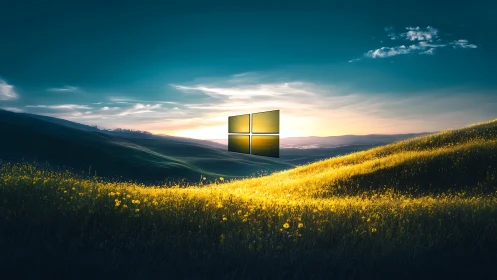 Golden hillside sunrise with glowing window in the sky.