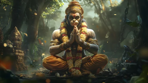 Divine monkey deity meditates in luminous jungle shrine