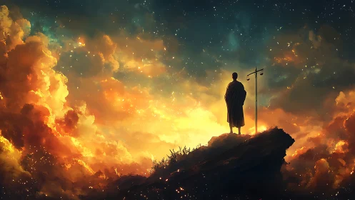 Lone seeker crowned in starfire above a dreaming horizon.