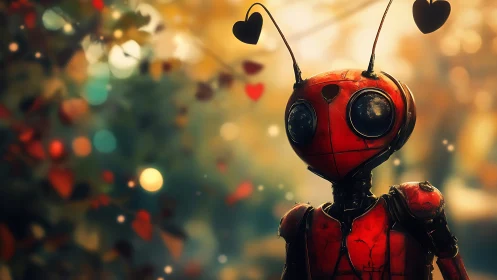 Red insectoid robot with heart antennae stands outdoors