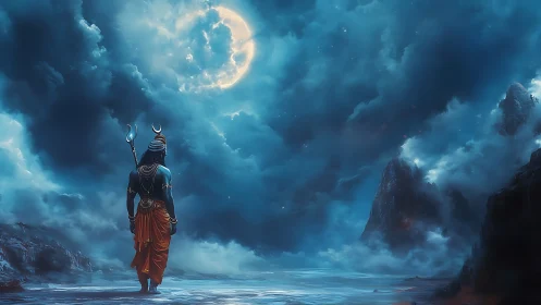 Moonlit wanderer under stormy sky and towering peaks.