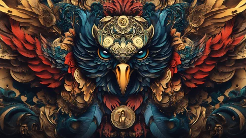 Ornate Fantasy Owl Illustration with Vibrant Feathers and Gold Detail.