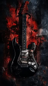 Electric guitar with worn finish against textured backdrop.