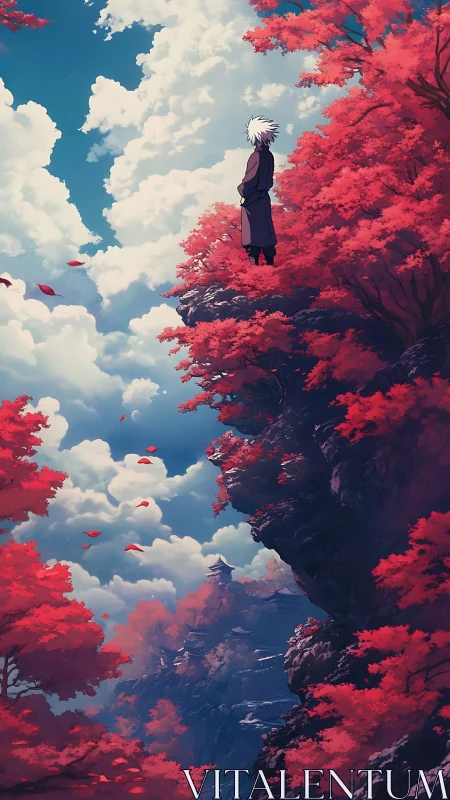 Wanderer on crimson cliffs beneath a sky of restless clouds.