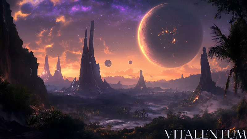 Alien valley landscape under large ringed planet at dusk.