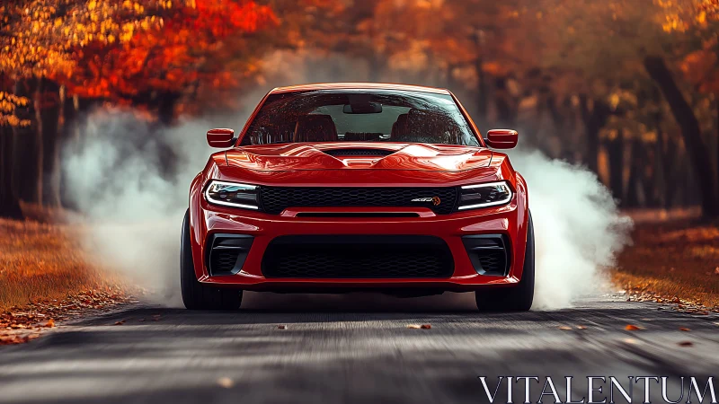 Crimson muscle car roaring through a smoky autumn lane.