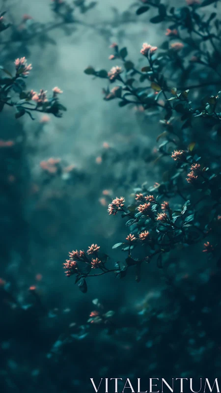 Soft Pink Blooms Glow Through Misty Teal Dreams