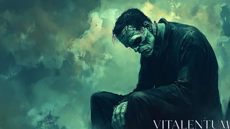 Melancholic bio-mechanical giant in teal atmospheric shroud.