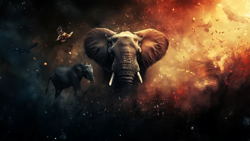 Majestic elephant strides through fiery cosmic twilight haze