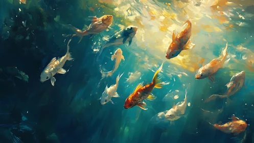 Koi fish group viewed underwater amid diffused sunlight.