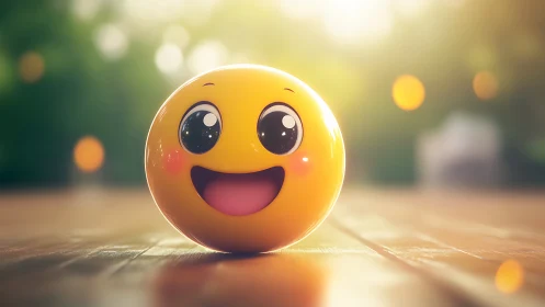 Smiling emoji sphere on sunlit wooden deck at golden hour.