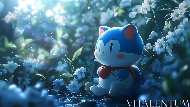 Gentle blue forest friend resting in a moonlit flower glade.