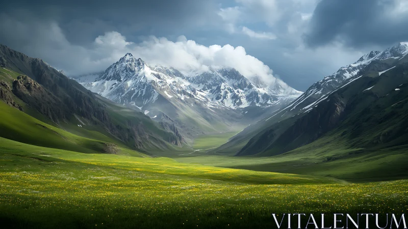 Stormlit alpine valley glows beneath brooding snow peaks.
