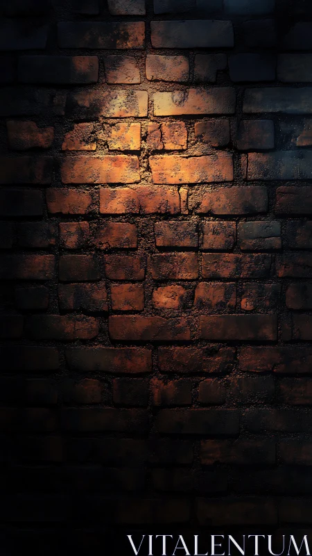 Narrow light beam illuminates worn red brick wall surface