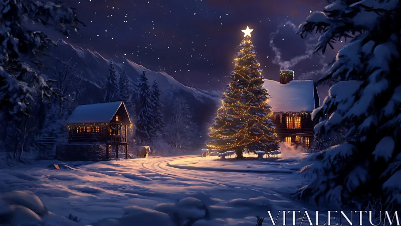 Nocturnal alpine cabin with illuminated festive spruce centerpiece.