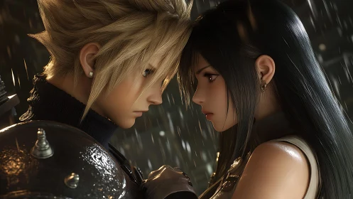 Two digitally rendered figures positioned in profile within rain environment.