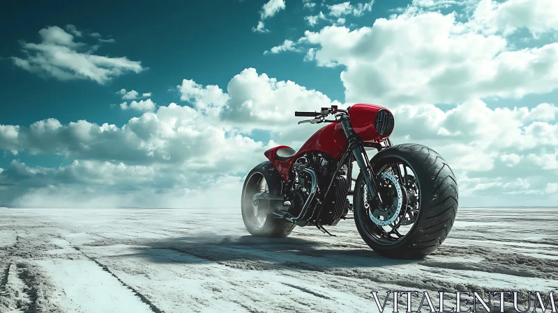 Custom red motorcycle stands on flat salt desert terrain
