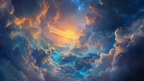 Storm-kissed nebula sky cradling a molten dream-sunset.