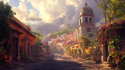 Digital painting of sunlit colonial street and hillside village.