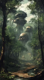 Vertical jungle habitat with elevated sci-fi forest platforms.