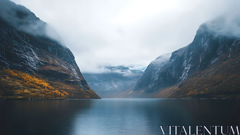 Mist-draped fjord cradles amber forests in quiet symmetry