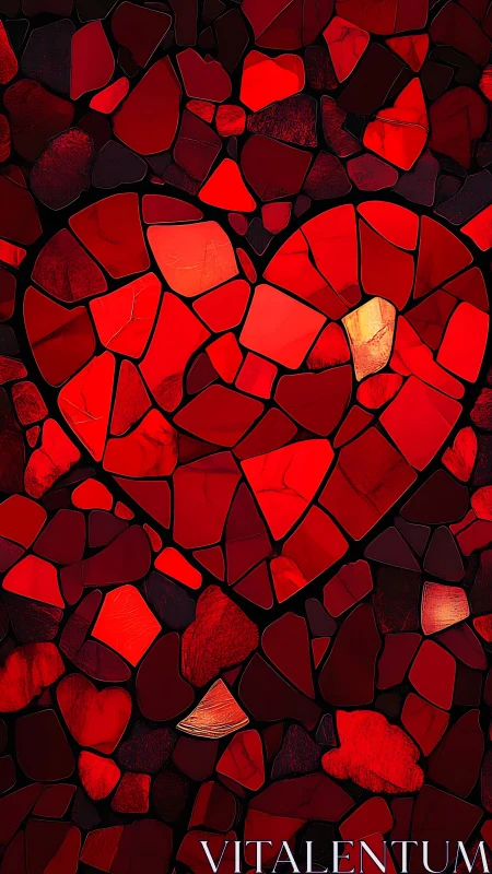 Glowing Heart Among Red Mosaic Stones.
