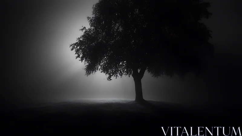 Isolated tree stands against backlit fog in monochrome field