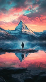 Silhouetted figure faces snow peak mirrored in vivid lake