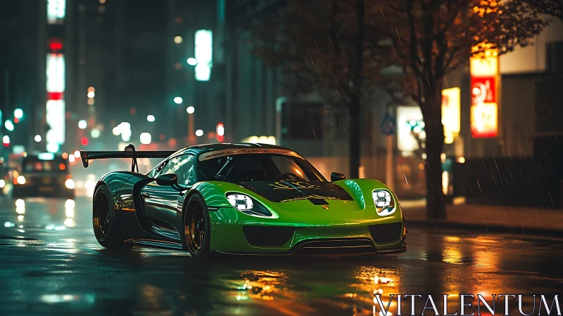 Green hypercar glides through wet neon city street at night