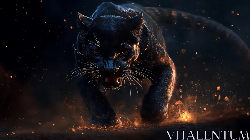 Prowling Black Panther: Fiery Nocturnal Predator.