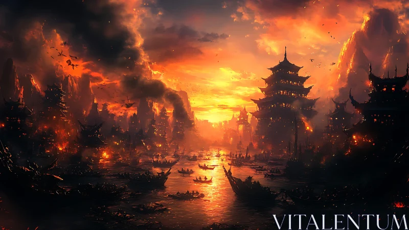 Burning imperial harbor city under blazing sunset sky.