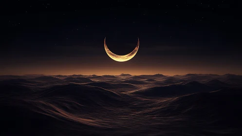 Crescent moon hovers above digitally rendered wave field