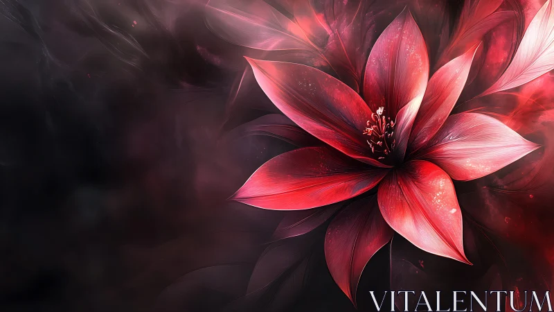 Red floral digital abstraction on dark diffuse background.