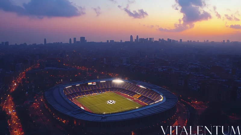 Floodlit football stadium glows against hazy sunset skyline