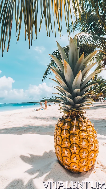 Golden pineapple positioned on white sand with tropical shoreline backdrop.