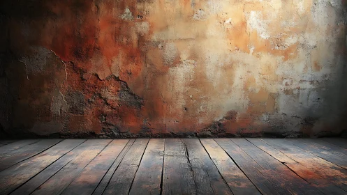 Rustic textured wall with aged wooden floor, vintage interior style.