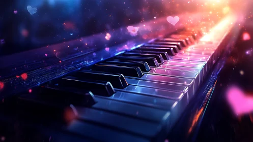 Glowing piano keys shimmer in dreamy, romantic light