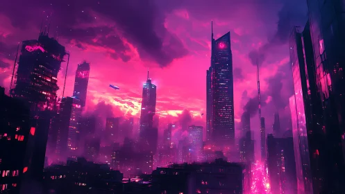Neon magenta megacity skyline glows through dense cyber-fog