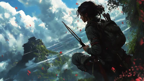 Explorer with bow overlooks distant cliffside fortress