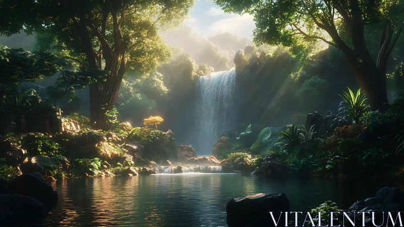 3D rainforest waterfall vignette with luminous backlighting.