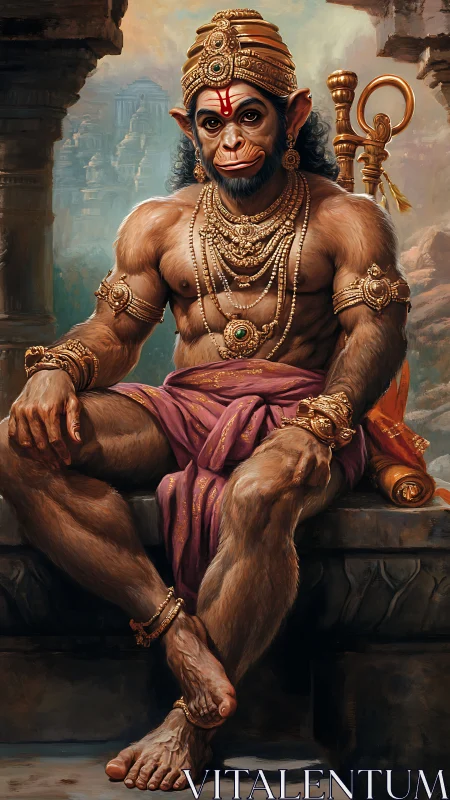 Regal monkey deity resting in golden temple calm.