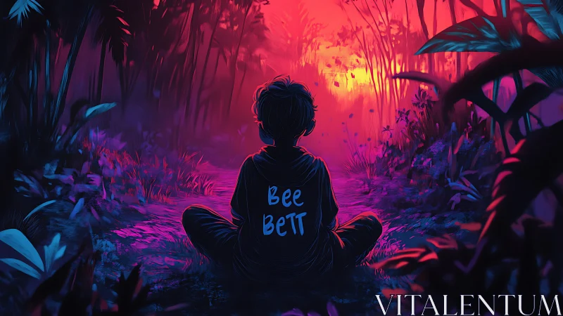 Silhouetted youth observes neon sunset in stylized jungle path