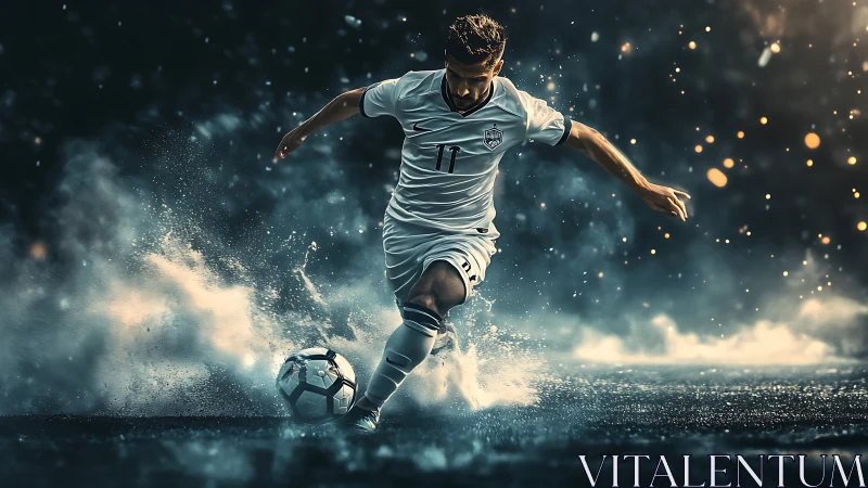 Focused soccer player charging through misty night field.