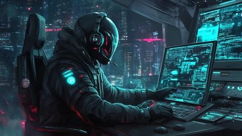 Cybernetic hacker commands neon city from glass cockpit.