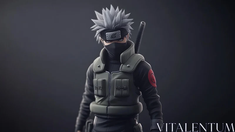 Masked silver‑haired ninja stands in moody battlefield hush.