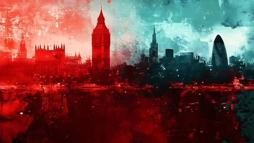 London city skyline with landmark silhouettes in red teal tones.